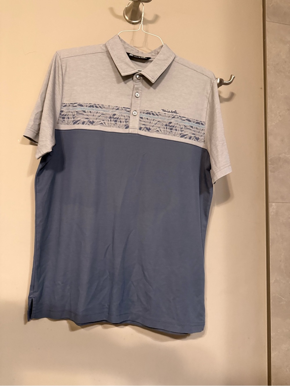 Travis Mathew Two-Tone Light Gray and Blue Chest-Stripe Polo